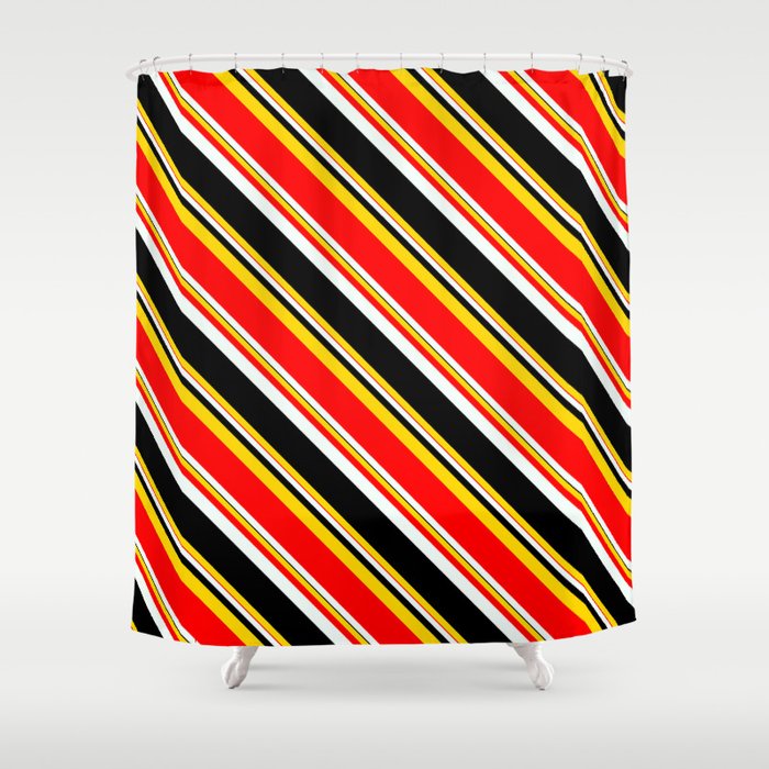 Yellow, Red, Mint Cream, and Black Colored Pattern of Stripes Shower Curtain