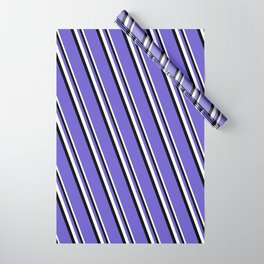 [ Thumbnail: White, Black & Slate Blue Colored Stripes Pattern Wrapping Paper ]