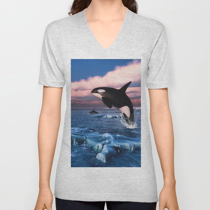 Killer Whales In The Arctic Ocean V Neck T Shirt
