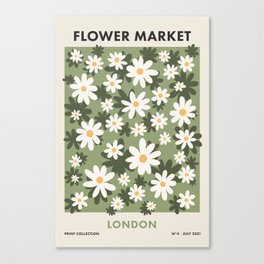 Flower Market London, Retro Daisies  Print, Green Ditsy Pattern Canvas Print