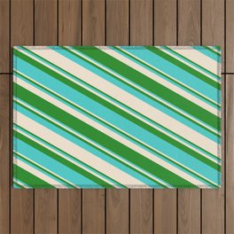 [ Thumbnail: Forest Green, Turquoise & Beige Colored Striped Pattern Outdoor Rug ]