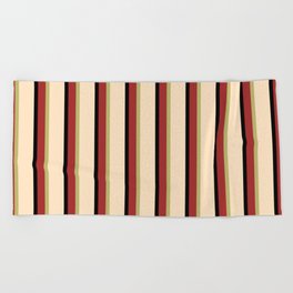 [ Thumbnail: Brown, Dark Khaki, Bisque, and Black Colored Lined/Striped Pattern Beach Towel ]