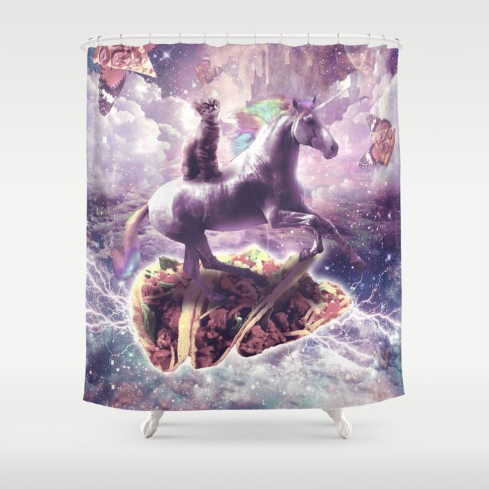 Space Cat Riding Unicorn Pizza Taco Shower Curtain By