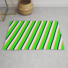 [ Thumbnail: Eyecatching Lavender, Goldenrod, Lime, Black, and Green Colored Lines Pattern Rug ]