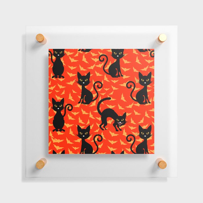 Spooky Black Cat Halloween Orange Bats Floating Acrylic Print