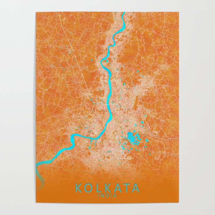 Kolkata, India, Gold, Blue, City, Map Poster