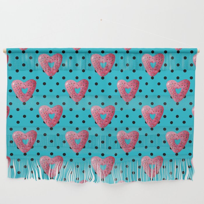 Pink plaid watercolor heart shaped donuts with polka dots on blue background Wall Hanging