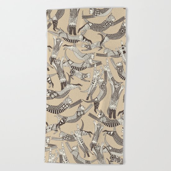 cat party beige natural Beach Towel
