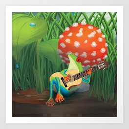 Tree frog singing and playing guitar in a mushroom Art Print