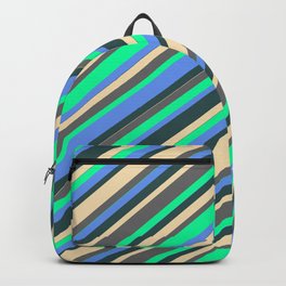 [ Thumbnail: Vibrant Tan, Dim Gray, Green, Cornflower Blue, and Dark Slate Gray Colored Lines/Stripes Pattern Backpack ]