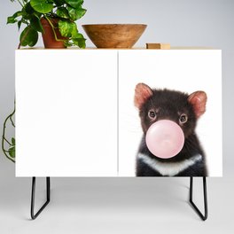 Baby Tasmanian Devil Blowing Pink Bubble Gum, Baby Animals Art Print by Synplus Credenza