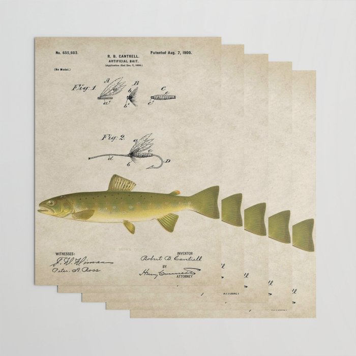Vintage Brown Trout Fly Fishing Lure Patent Game Fish Identification Chart Wrapping  Paper by Atlantic Coast Arts and Paintings