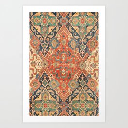 Geometric Leaves VII // 18th Century Distressed Red Blue Green Colorful Ornate Accent Rug Pattern Art Print