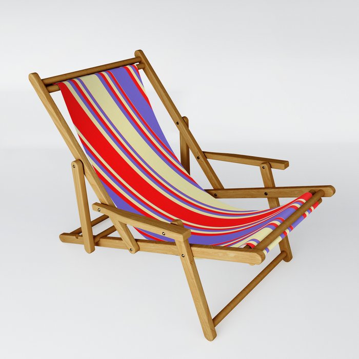 Red, Slate Blue, and Pale Goldenrod Colored Lined/Striped Pattern Sling Chair