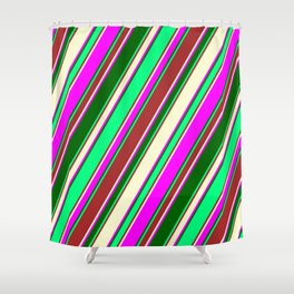 [ Thumbnail: Eyecatching Green, Brown, Light Yellow, Fuchsia, and Dark Green Colored Stripes Pattern Shower Curtain ]