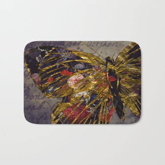 Vintage Floral Butterfly 2 with Gold Bath Mat