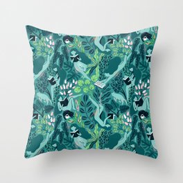 Reading girls among the plants with cats Throw Pillow