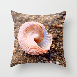 Pretty Seashell on the Stony Beach at the Rocky Shore Coast Throw Pillow