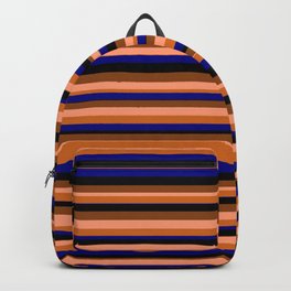 [ Thumbnail: Eyecatching Light Salmon, Chocolate, Blue, Black & Brown Colored Stripes/Lines Pattern Backpack ]