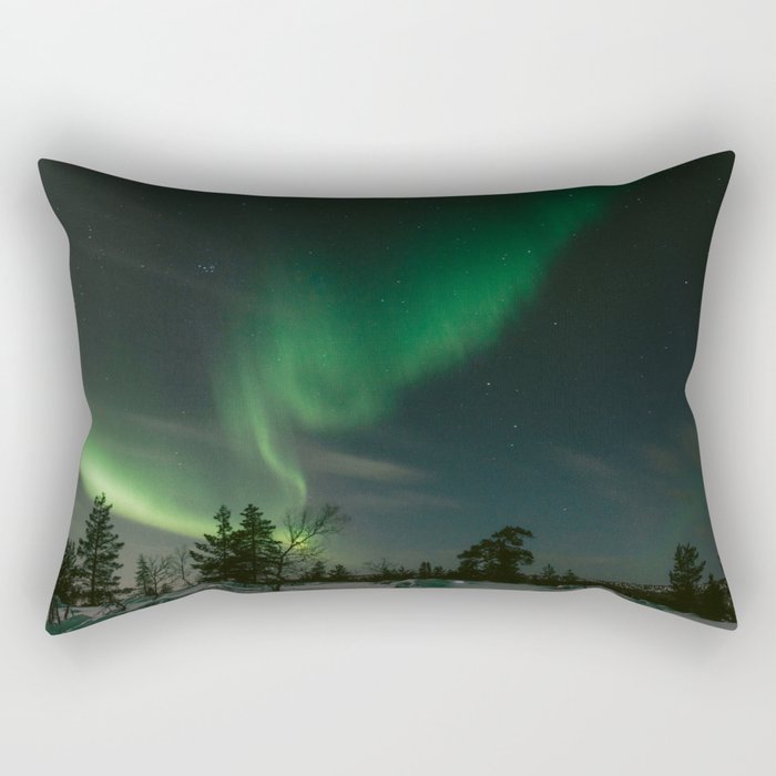 Northern Lights in Saariselkä | Winter Night in Lapland Art Print | Astro Landscape Travel Photography Rectangular Pillow
