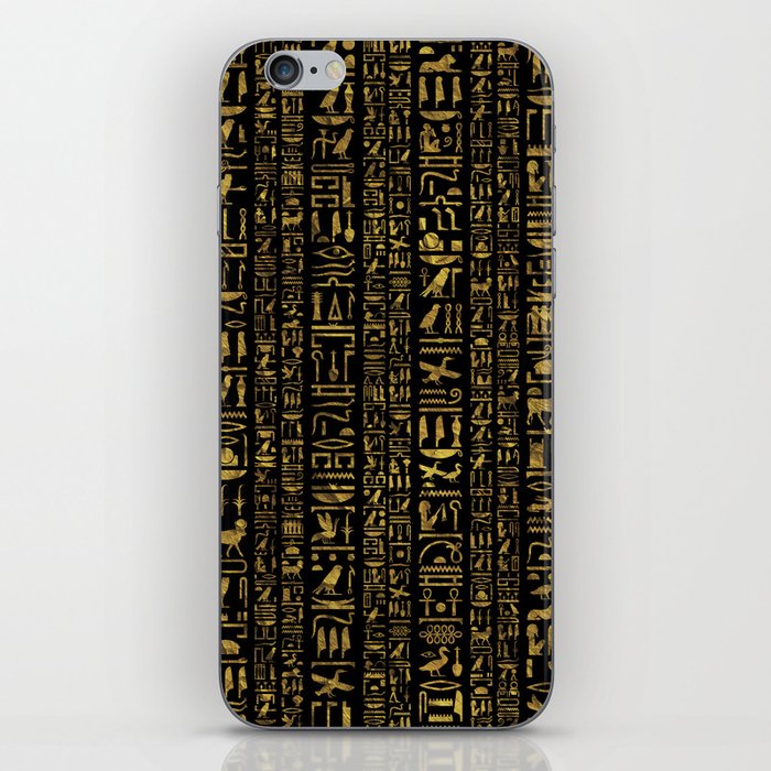 Egyptian hieroglyphs vintage gold on black iPhone Skin