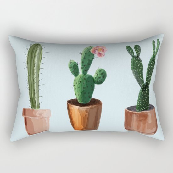 Three Cacti On Light Blue Background Rectangular Pillow