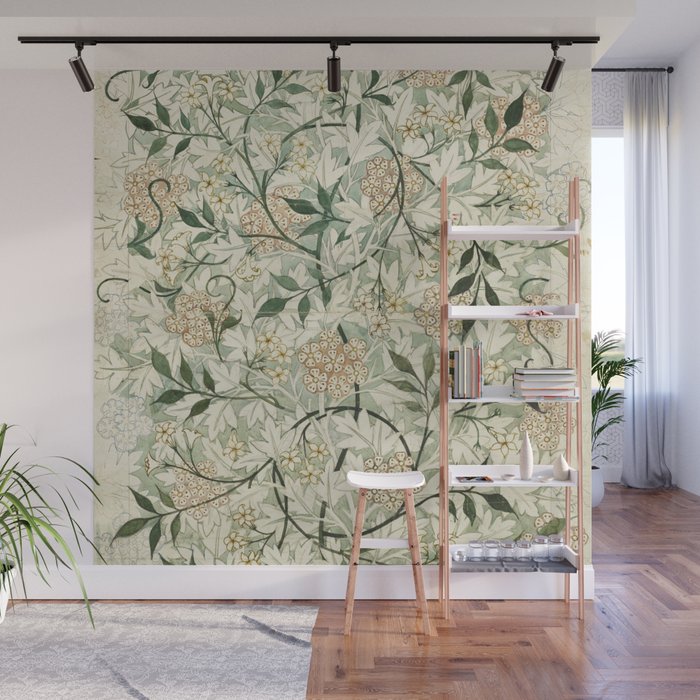 Shabby vintage ivory green rustic floral pattern Wall Mural