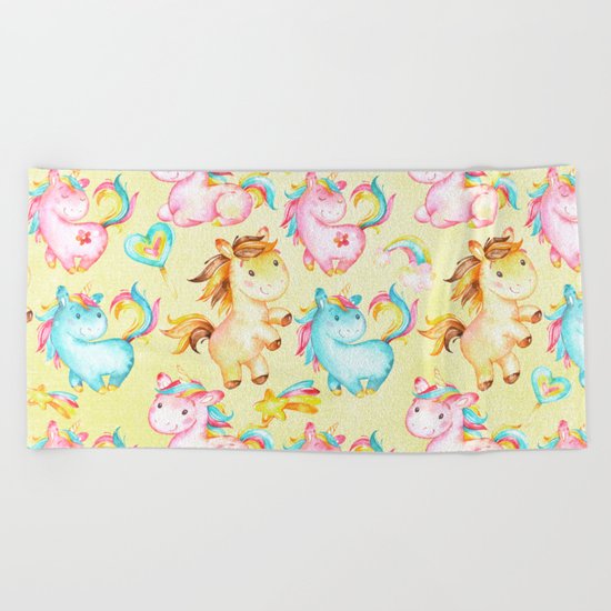 Unicorn Zoo- Cute pastel unicorn on yellow Beach Towel