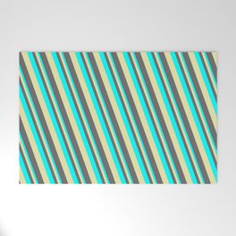 [ Thumbnail: Cyan, Pale Goldenrod & Dim Grey Colored Lines/Stripes Pattern Welcome Mat ]