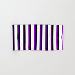 [ Thumbnail: Vibrant Tan, Dark Violet, Indigo, Black, and White Colored Pattern of Stripes Hand & Bath Towel ]