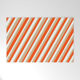 [ Thumbnail: Red, Mint Cream, and Tan Colored Lines Pattern Welcome Mat ]