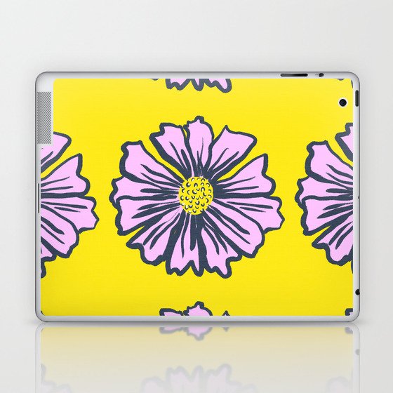 Retro Modern Spring Daisy Pink On Yellow Pattern Laptop & iPad Skin