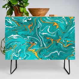 Teal and orange marble texture, turquoise abstract fluid art Credenza