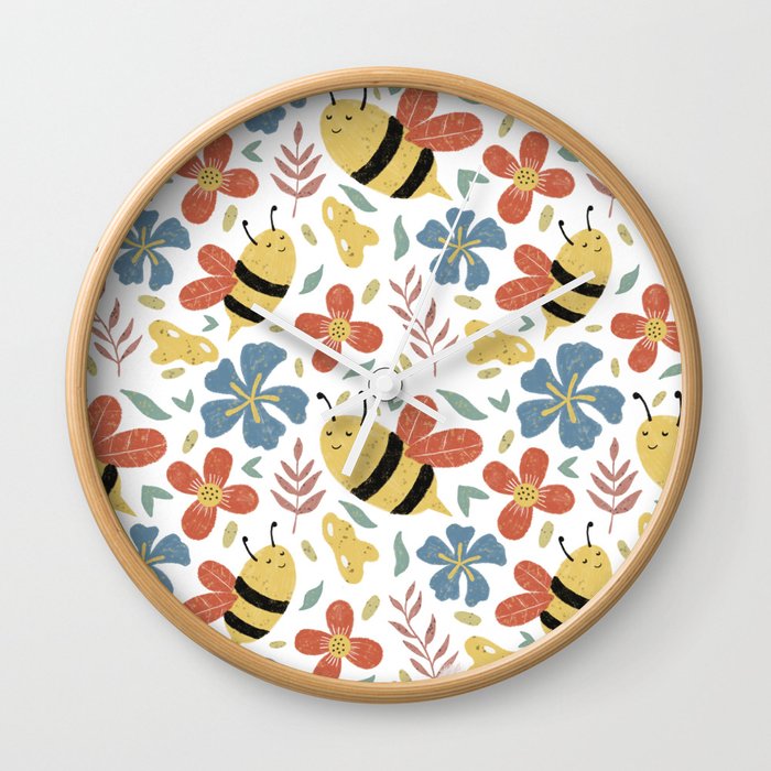 Cute Honey Bees and Flowers Wall Clock