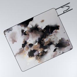 Crane Fluid Abstract Art Black and Gold Picnic Blanket
