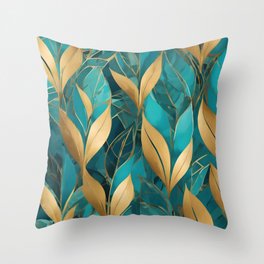 Turquoise Gold Trendy Boho Leaves Collection Throw Pillow