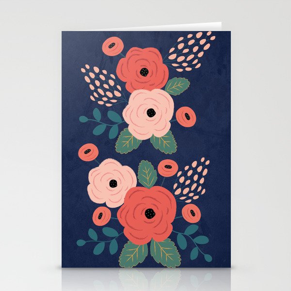 Flower Pattern, Pink Red Flowers on Blue, Vintage, Floral Stationery Cards