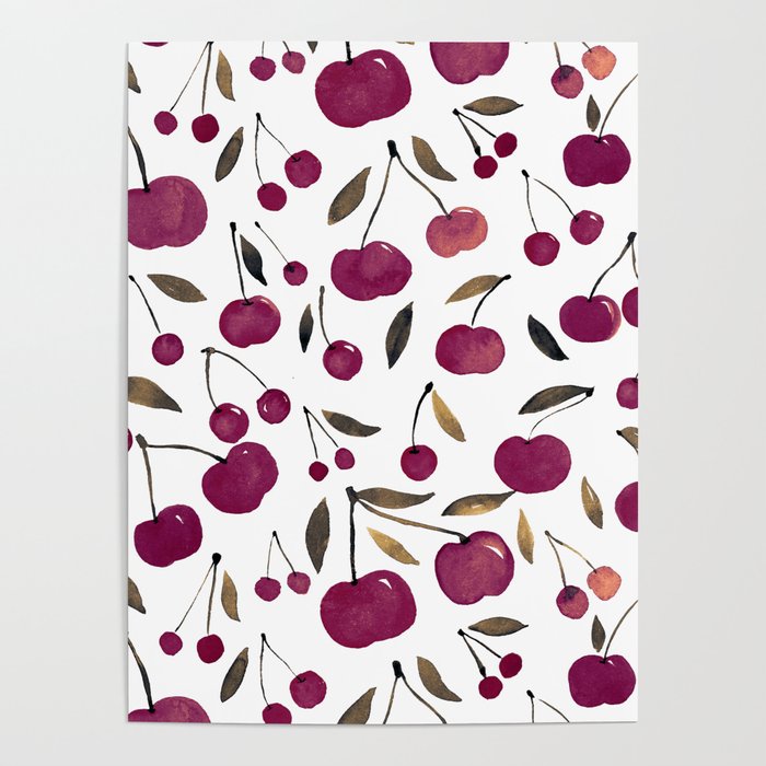 Watercolor sour cherries - burgundy Poster