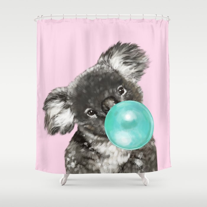 Playful Koala Bear With Bubble Gum In Pink Shower Curtain By Playful Koala Bear With Bubble Gum In Pink Shower Curtain