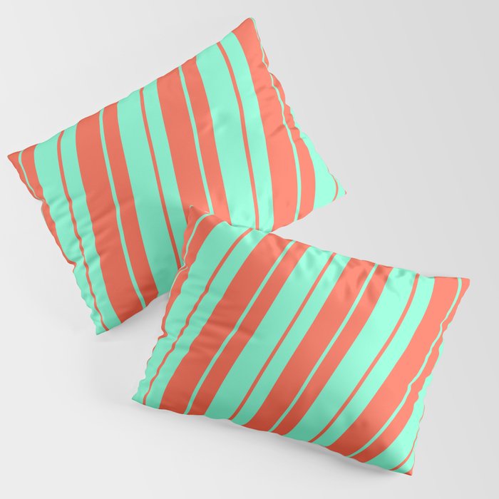 Aquamarine and Red Colored Lined Pattern Pillow Sham