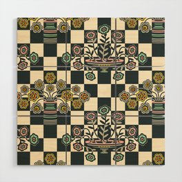 OP-ULENCE CHECKERED FLORAL PATTERN in BLACK & WARM WHITE WITH BRIGHT MULTI-COLOURS Wood Wall Art