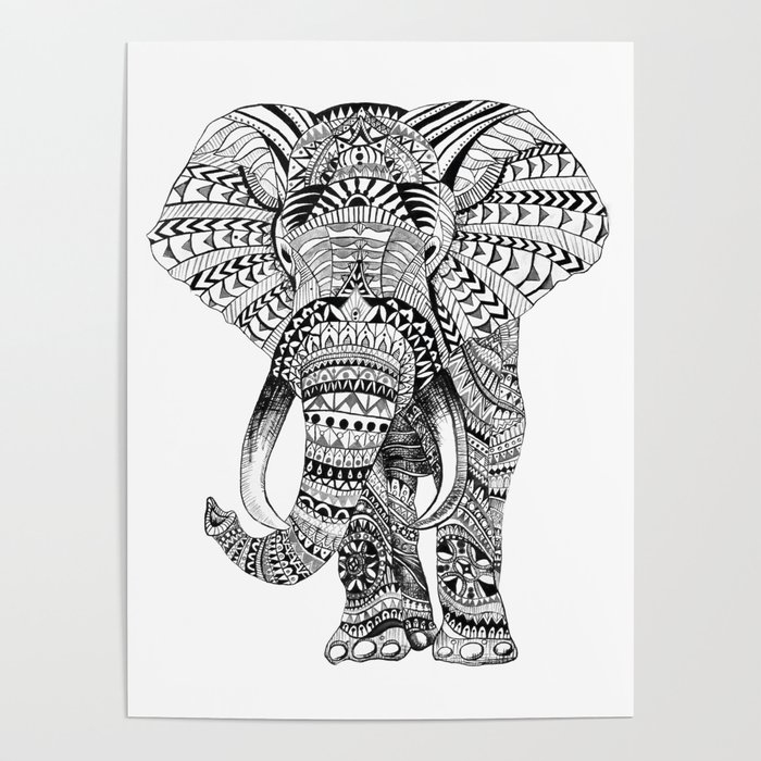 Mandala Zentangle Elephant Design Painting by Ashley Lane Poster