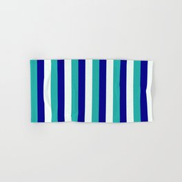 [ Thumbnail: Light Sea Green, Mint Cream & Dark Blue Colored Pattern of Stripes Hand & Bath Towel ]