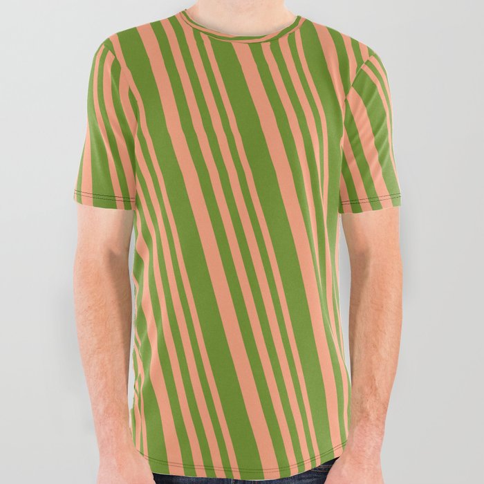 Light Salmon & Green Colored Lined Pattern All Over Graphic Tee