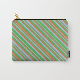 [ Thumbnail: Lime Green, Red, and Light Sky Blue Colored Striped Pattern Carry-All Pouch ]