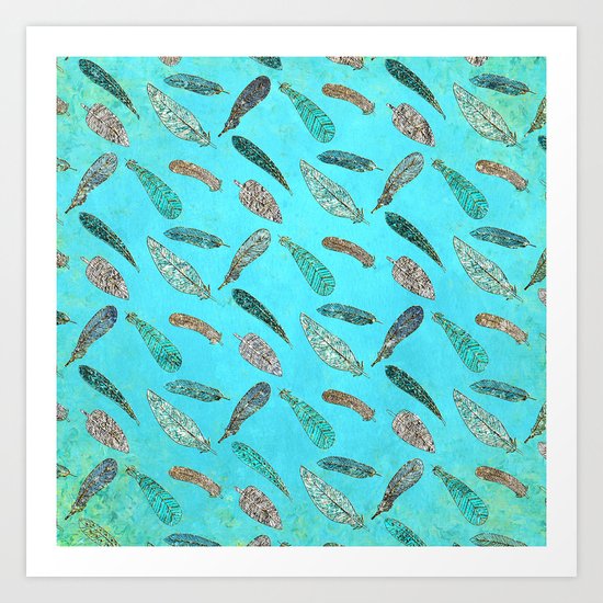 Sparkle Glitter Boho Bohemian Feathers on aqua on #Society6 Art Print