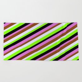 [ Thumbnail: Colorful Orchid, Brown, Lavender, Chartreuse & Black Colored Stripes Pattern Beach Towel ]