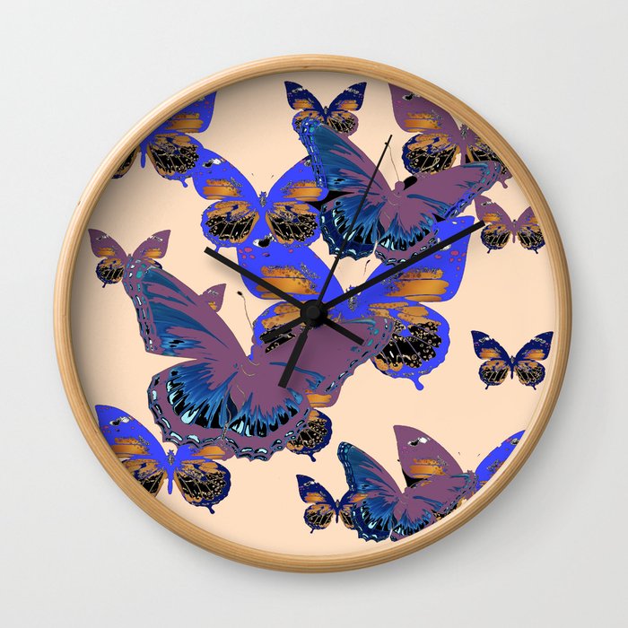 BLUE-PUCE PURPLE  BUTTERFLIES  CREAM COLOR ART Wall Clock