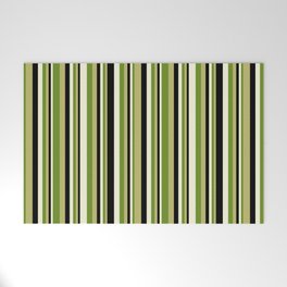 [ Thumbnail: Dark Khaki, Green, Beige, and Black Colored Lined Pattern Welcome Mat ]