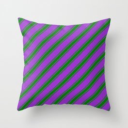 [ Thumbnail: Dark Orchid and Green Colored Striped Pattern Throw Pillow ]
